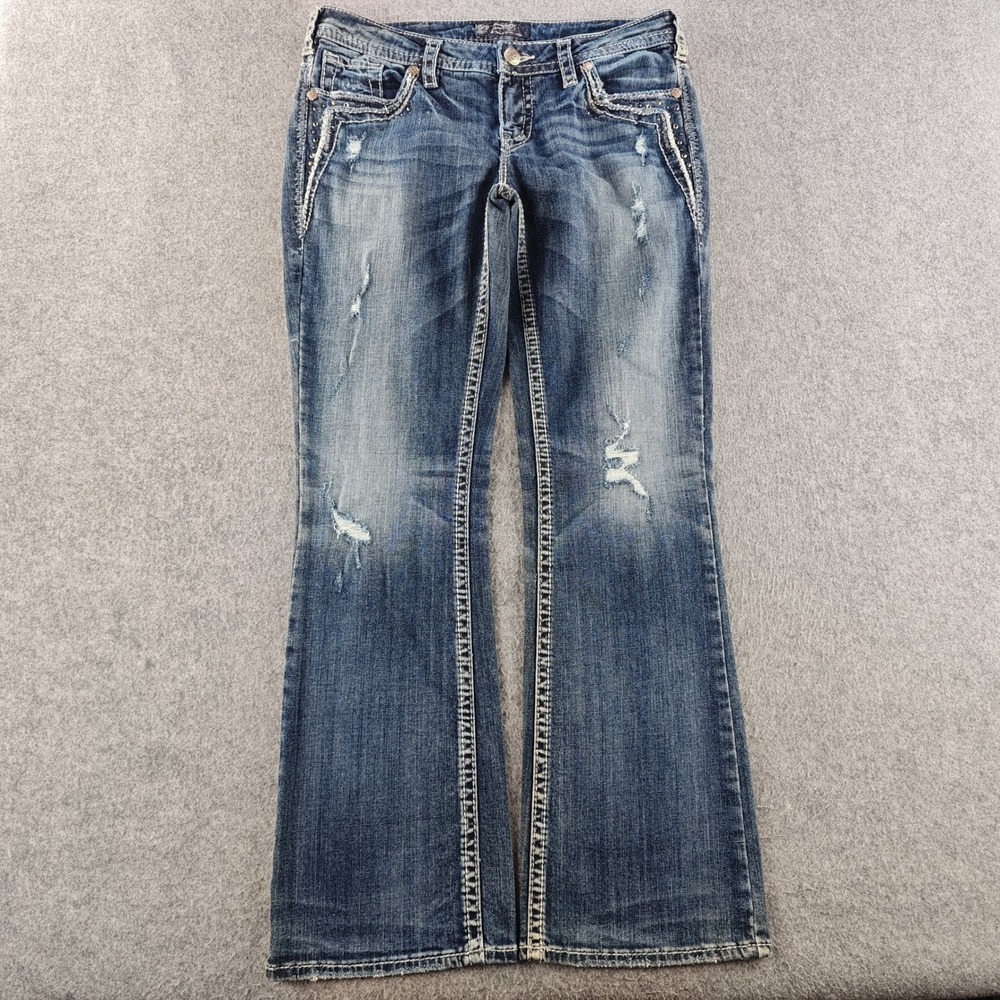 Silver Jeans Co Aiko Bootcut Womens 31x31 Blue Distressed Embellished Denim